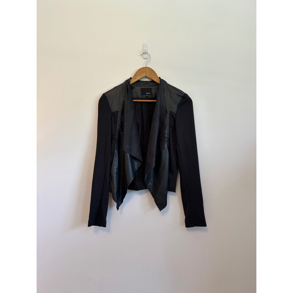 Edyson Black Faux Leather Mixed Media Open Front Waterfall Jacket | Size Small